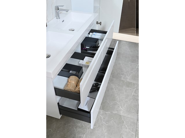 Badkamermeubel 145 cm - hoogglans wit + witte dubbele wasbak - incl. kranen - afbeelding 6 van  9