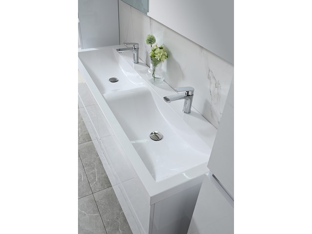 Badkamermeubel 145 cm - hoogglans wit + witte dubbele wasbak - incl. kranen - afbeelding 7 van  9