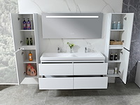 Badkamermeubel 145 cm - hoogglans wit + witte dubbele wasbak - incl. kranen - afbeelding 8 van  9
