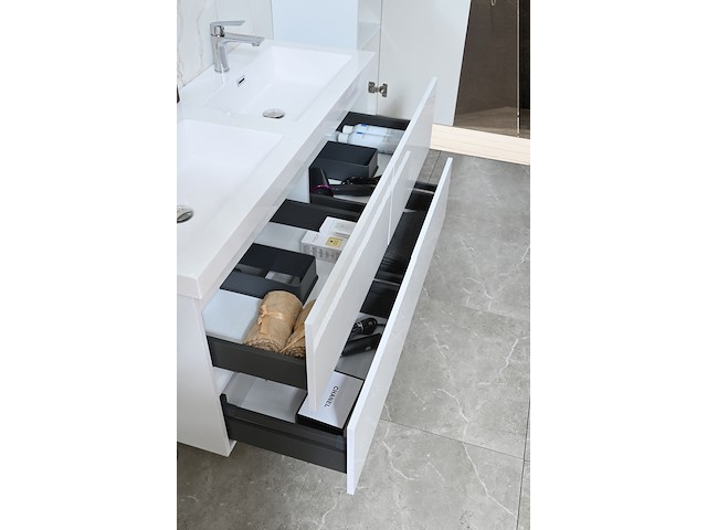 Badkamermeubel 145 cm - hoogglans wit + witte dubbele wasbak - incl. kranen - afbeelding 6 van  9