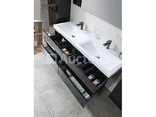Badkamermeubel 145 cm - hoogglans zwart + witte dubbele wasbak - incl. kranen - afbeelding 6 van  8