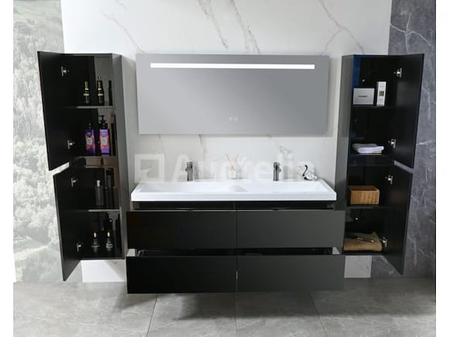 Badkamermeubel 145 cm - hoogglans zwart + witte dubbele wasbak - incl. kranen - afbeelding 7 van  8
