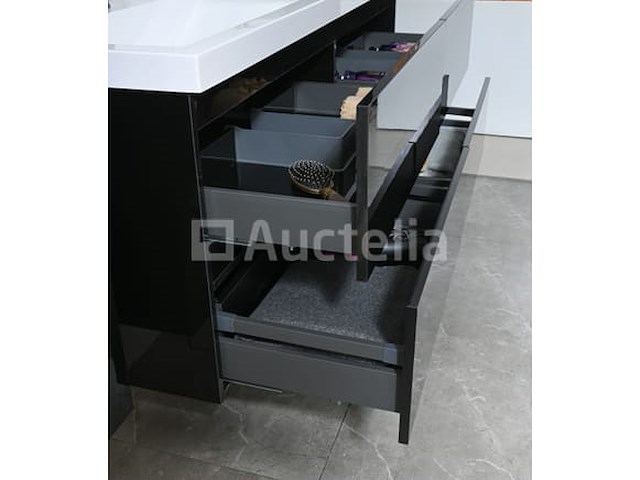 Badkamermeubel 145 cm - hoogglans zwart + witte dubbele wasbak - incl. kranen - afbeelding 8 van  8