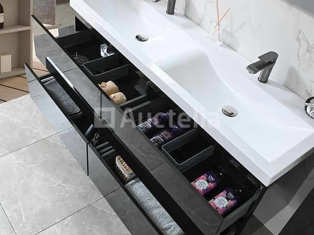 Badkamermeubel 145 cm - hoogglans zwart + witte dubbele wasbak - incl. kranen - afbeelding 1 van  8