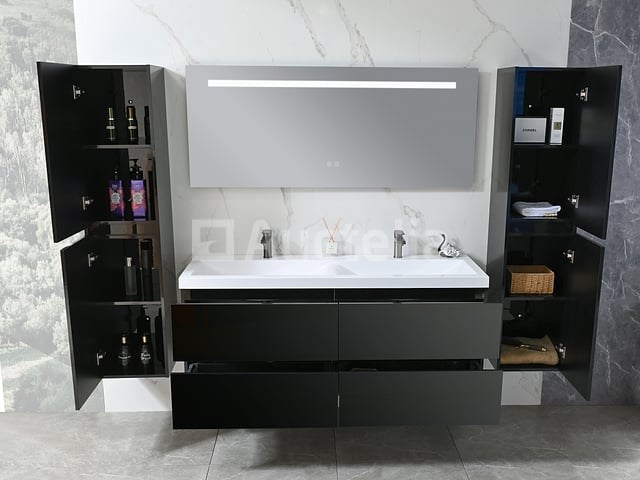 Badkamermeubel 145 cm - hoogglans zwart + witte dubbele wasbak - incl. kranen - afbeelding 2 van  8
