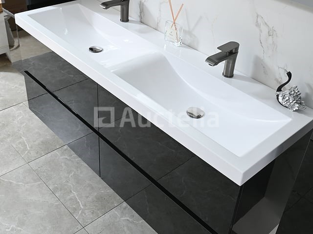 Badkamermeubel 145 cm - hoogglans zwart + witte dubbele wasbak - incl. kranen - afbeelding 3 van  8