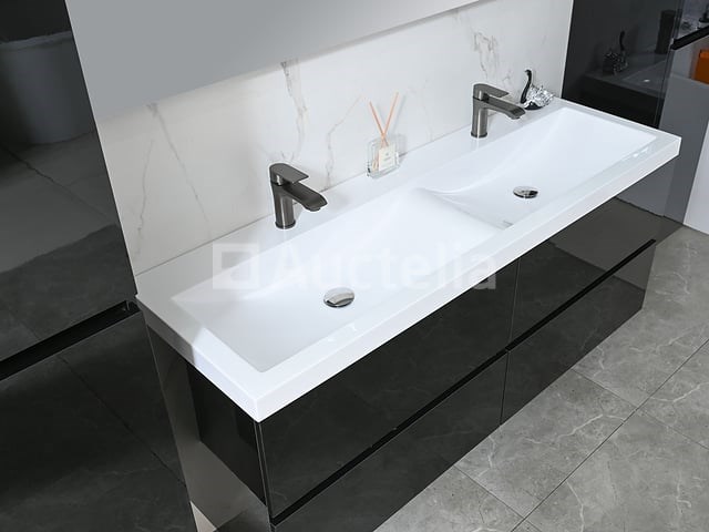 Badkamermeubel 145 cm - hoogglans zwart + witte dubbele wasbak - incl. kranen - afbeelding 4 van  8