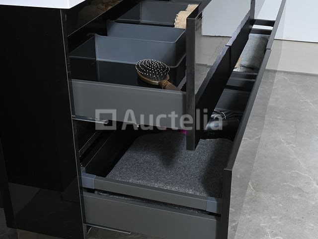 Badkamermeubel 145 cm - hoogglans zwart + witte dubbele wasbak - incl. kranen - afbeelding 6 van  8