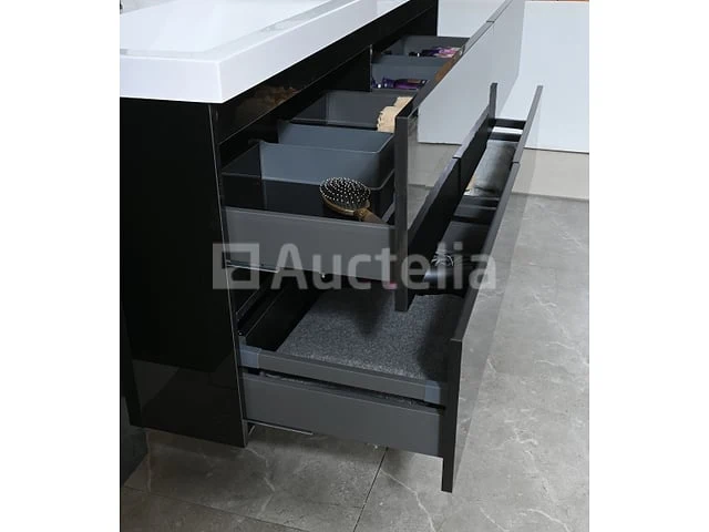 Badkamermeubel 145 cm - hoogglans zwart + witte dubbele wasbak - incl. kranen - afbeelding 4 van  8