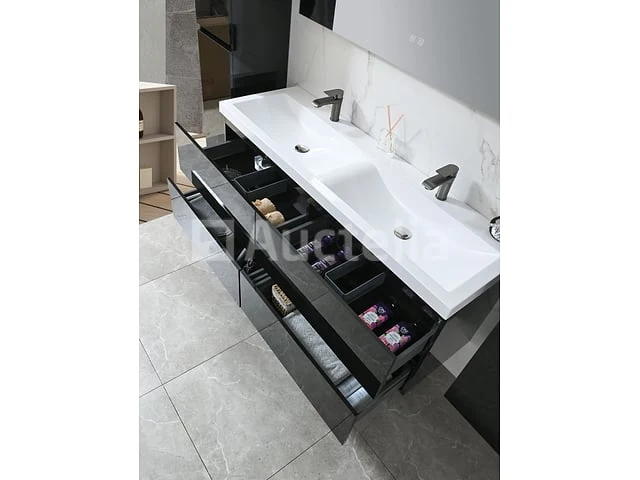 Badkamermeubel 145 cm - hoogglans zwart + witte dubbele wasbak - incl. kranen - afbeelding 8 van  8