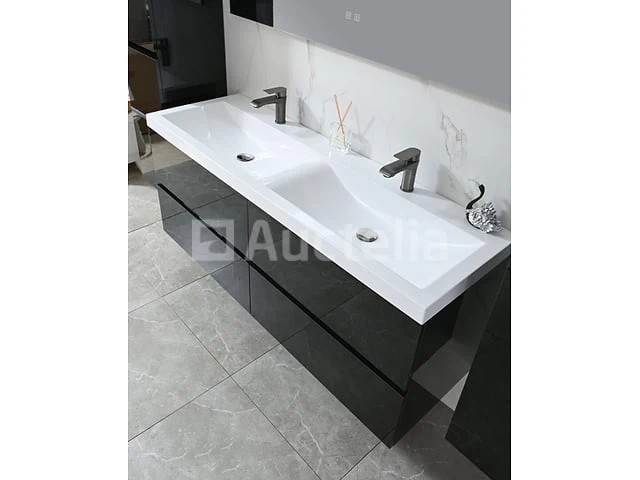 Badkamermeubel 145 cm - hoogglans zwart + witte dubbele wasbak - incl. kranen - afbeelding 2 van  8