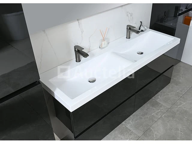 Badkamermeubel 145 cm - hoogglans zwart + witte dubbele wasbak - incl. kranen - afbeelding 4 van  8
