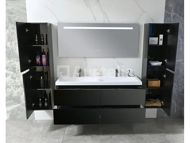 Badkamermeubel 145 cm - hoogglans zwart + witte dubbele wasbak - incl. kranen - afbeelding 5 van  8