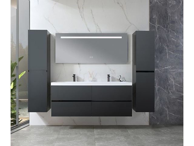 Badkamermeubel 145 cm - hoogglans zwart + witte dubbele wasbak - incl. kranen - afbeelding 2 van  8