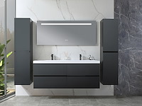 Badkamermeubel 145 cm - hoogglans zwart + witte dubbele wasbak - incl. kranen - afbeelding 2 van  8