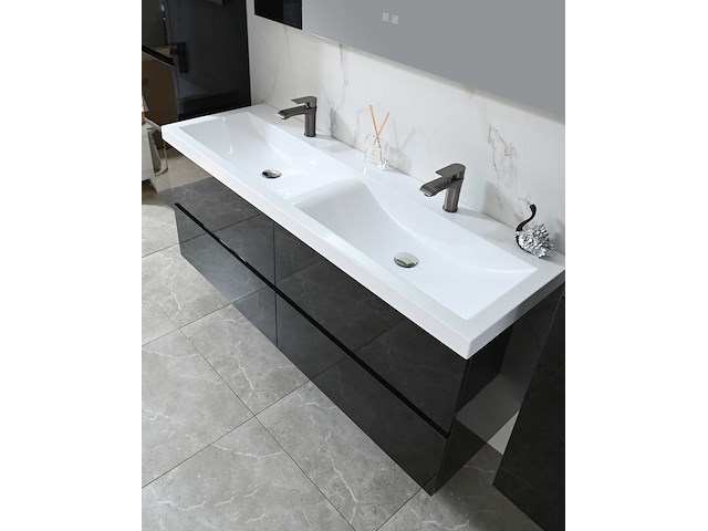 Badkamermeubel 145 cm - hoogglans zwart + witte dubbele wasbak - incl. kranen - afbeelding 3 van  8