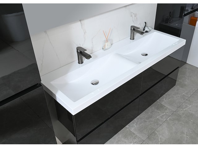 Badkamermeubel 145 cm - hoogglans zwart + witte dubbele wasbak - incl. kranen - afbeelding 5 van  8