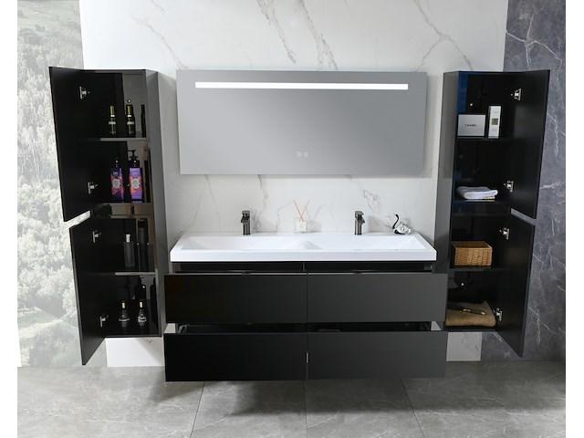 Badkamermeubel 145 cm - hoogglans zwart + witte dubbele wasbak - incl. kranen - afbeelding 6 van  8