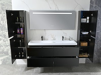 Badkamermeubel 145 cm - hoogglans zwart + witte dubbele wasbak - incl. kranen - afbeelding 6 van  8