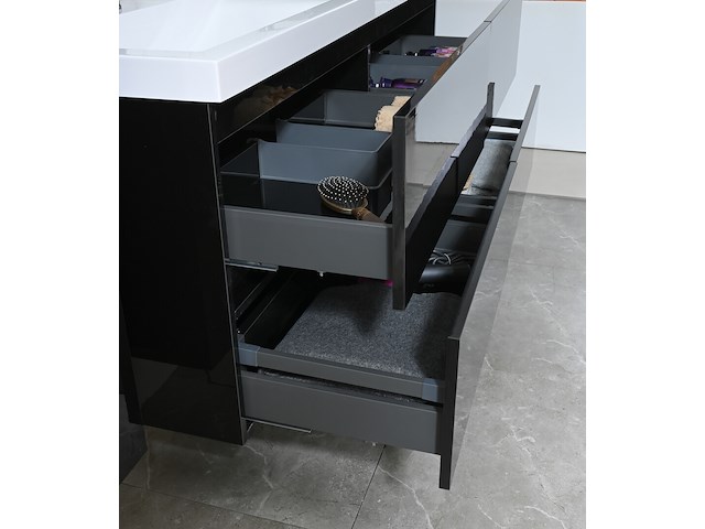 Badkamermeubel 145 cm - hoogglans zwart + witte dubbele wasbak - incl. kranen - afbeelding 7 van  8
