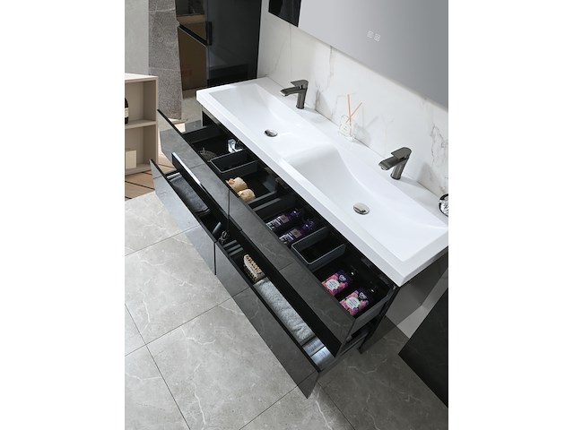 Badkamermeubel 145 cm - hoogglans zwart + witte dubbele wasbak - incl. kranen - afbeelding 4 van  8