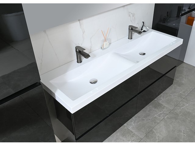 Badkamermeubel 145 cm - hoogglans zwart + witte dubbele wasbak - incl. kranen - afbeelding 5 van  8