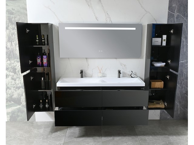 Badkamermeubel 145 cm - hoogglans zwart + witte dubbele wasbak - incl. kranen - afbeelding 6 van  8
