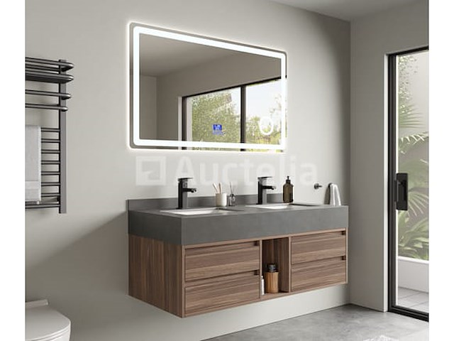 Badkamermeubel 2-persoons - 120 cm - hout decor met grijze marmeren wasbak - incl. kranen - afbeelding 4 van  8