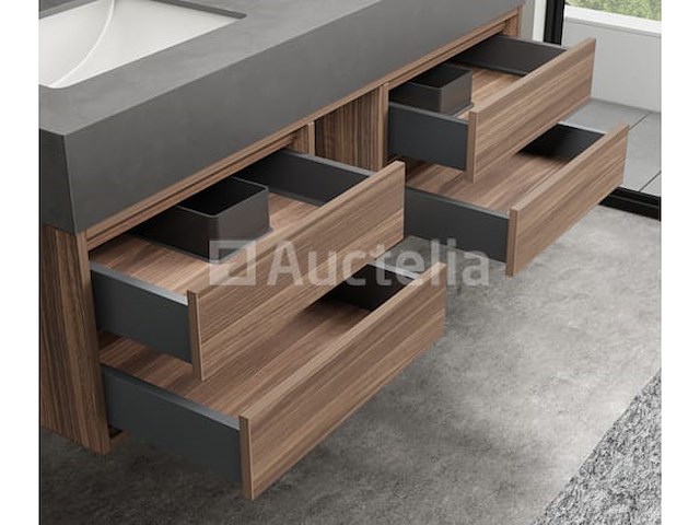 Badkamermeubel 2-persoons - 120 cm - hout decor met grijze marmeren wasbak - incl. kranen - afbeelding 5 van  8