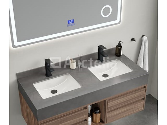 Badkamermeubel 2-persoons - 120 cm - hout decor met grijze marmeren wasbak - incl. kranen - afbeelding 7 van  8