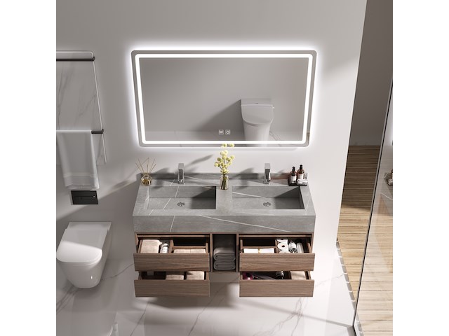 Badkamermeubel 2-persoons - 120 cm - hout decor met grijze marmeren wasbak - incl. kranen - afbeelding 2 van  4