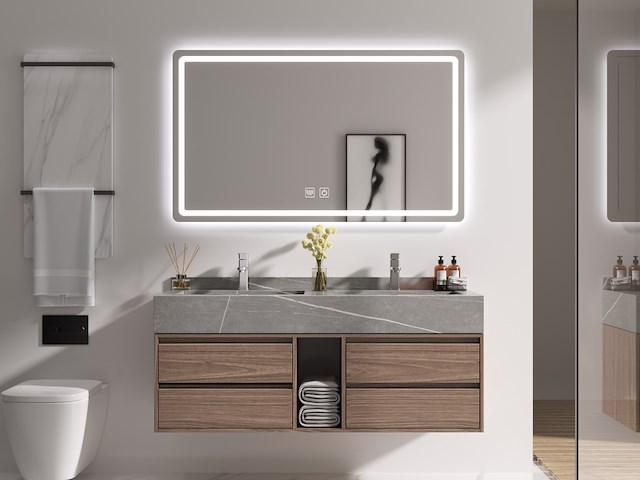 Badkamermeubel 2-persoons - 120 cm - hout decor met grijze marmeren wasbak - incl. kranen - afbeelding 4 van  4