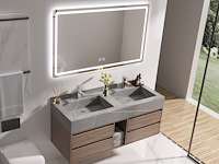 Badkamermeubel 2-persoons - 120 cm - hout decor met grijze marmeren wasbak - incl. kranen - afbeelding 2 van  4