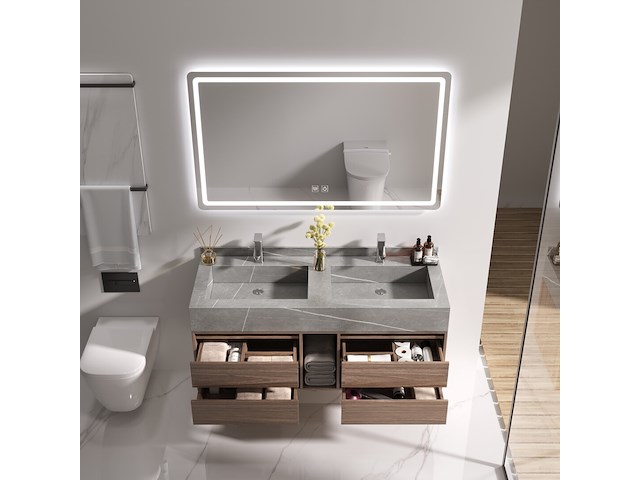 Badkamermeubel 2-persoons - 120 cm - hout decor met grijze marmeren wasbak - incl. kranen - afbeelding 3 van  4