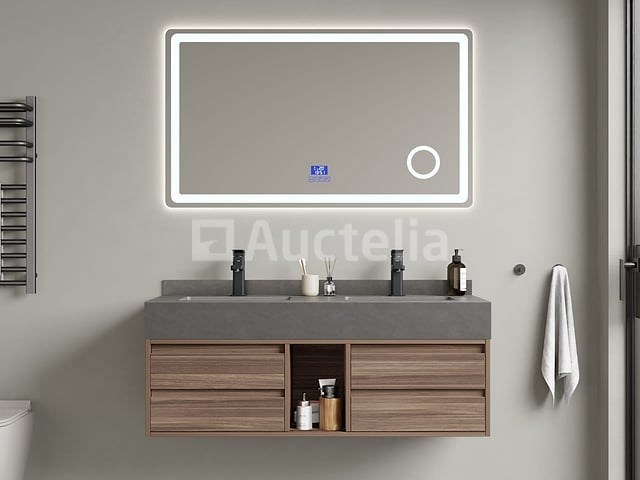 Badkamermeubel 2-persoons - 120 cm - hout decor met grijze wasbak - incl. kranen - afbeelding 1 van  4