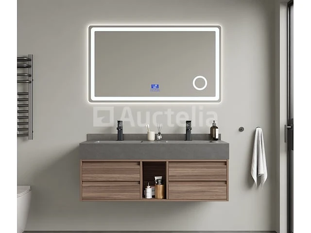 Badkamermeubel 2-persoons - 120 cm - hout decor met grijze wasbak - incl. kranen - afbeelding 1 van  4