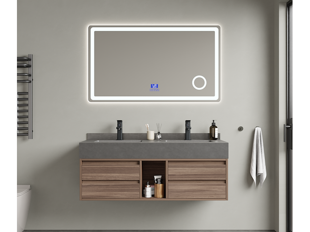 Badkamermeubel 2-persoons - 120 cm - hout decor met grijze wasbak - incl. kranen - afbeelding 2 van  4