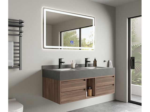 Badkamermeubel 2-persoons - 120 cm - hout decor met grijze wasbak - incl. kranen - afbeelding 1 van  4