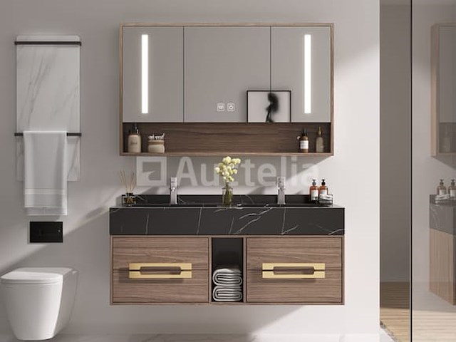 Badkamermeubel 2-persoons - 120 cm - hout decor met zwarte marmeren wasbak - incl. kranen - afbeelding 3 van  4