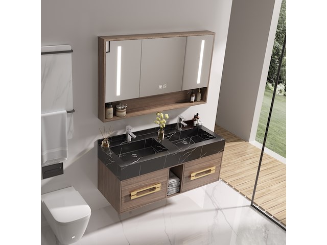 Badkamermeubel 2-persoons - 120 cm - hout decor met zwarte marmeren wasbak - incl. kranen - afbeelding 1 van  4