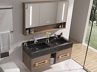 Badkamermeubel 2-persoons - 120 cm - hout decor met zwarte marmeren wasbak - incl. kranen - afbeelding 1 van  4