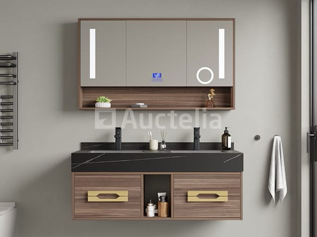 Badkamermeubel 2-persoons - 120 cm - hout decor met zwarte wasbak - incl. kranen - afbeelding 2 van  6