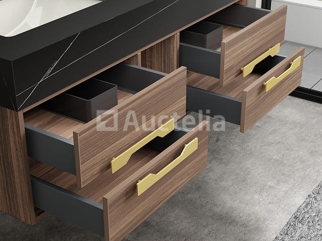 Badkamermeubel 2-persoons - 120 cm - hout decor met zwarte wasbak - incl. kranen - afbeelding 1 van  6