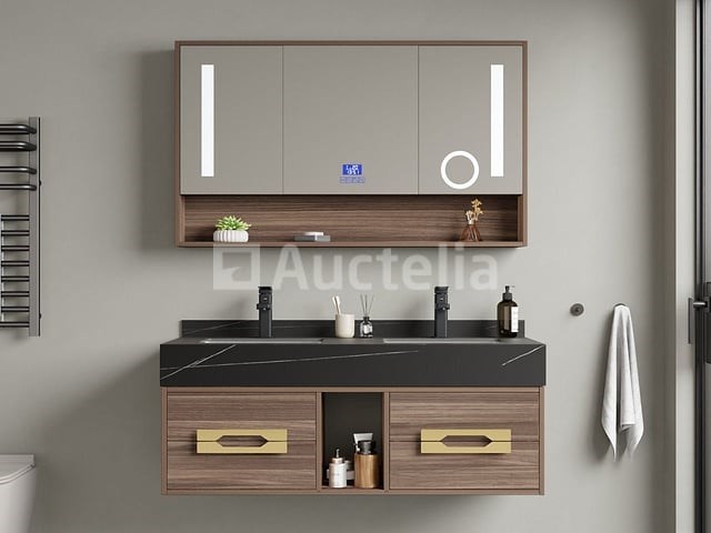 Badkamermeubel 2-persoons - 120 cm - hout decor met zwarte wasbak - incl. kranen - afbeelding 2 van  6