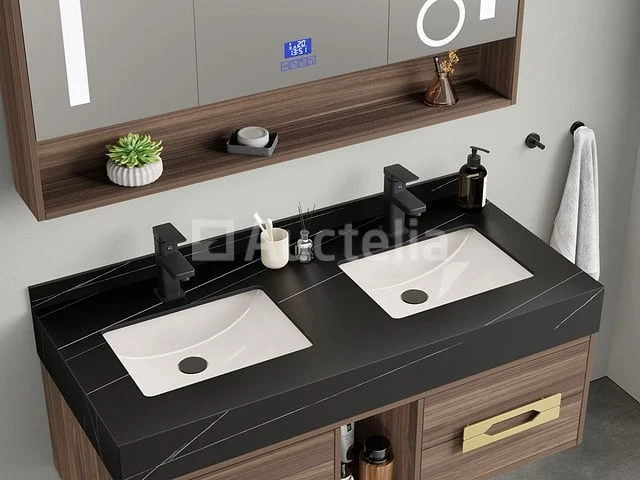 Badkamermeubel 2-persoons - 120 cm - hout decor met zwarte wasbak - incl. kranen - afbeelding 3 van  6