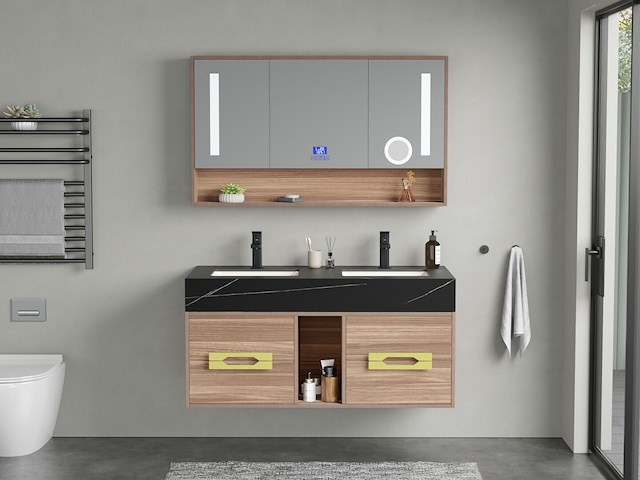 Badkamermeubel 2-persoons - 120 cm - hout decor met zwarte wasbak - incl. kranen - afbeelding 3 van  10