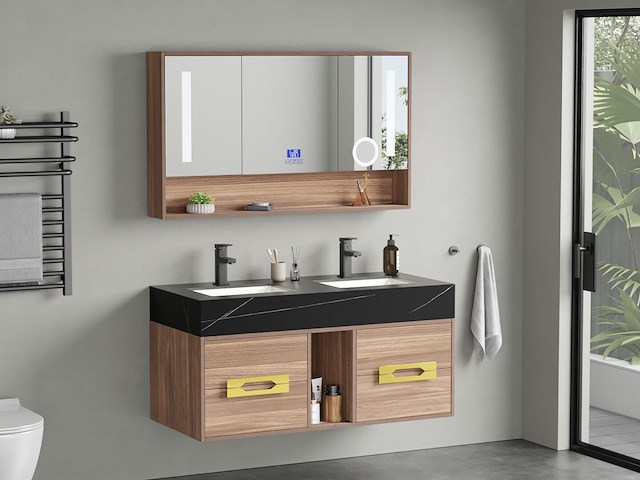 Badkamermeubel 2-persoons - 120 cm - hout decor met zwarte wasbak - incl. kranen - afbeelding 8 van  10