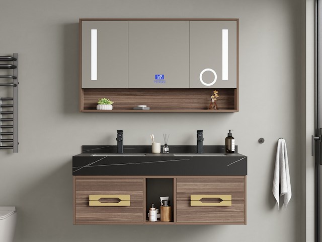 Badkamermeubel 2-persoons - 120 cm - hout decor met zwarte wasbak - incl. kranen - afbeelding 1 van  6