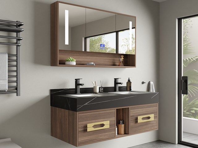 Badkamermeubel 2-persoons - 120 cm - hout decor met zwarte wasbak - incl. kranen - afbeelding 2 van  6