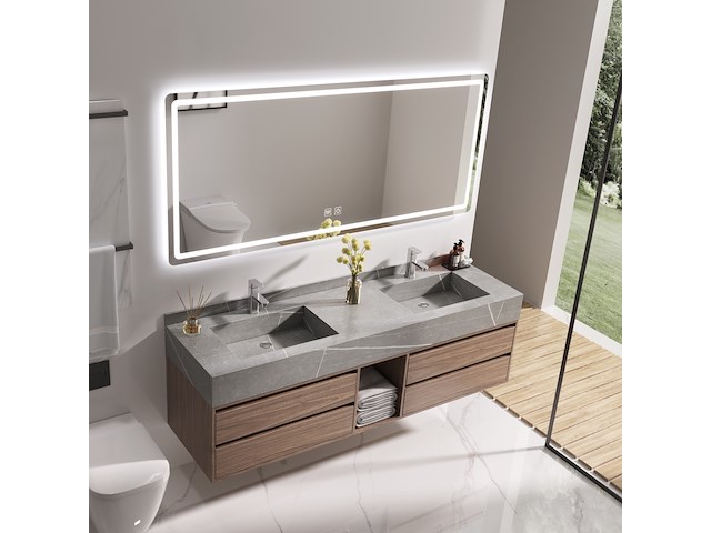 Badkamermeubel 2-persoons - 150 cm - hout decor met grijze marmeren wasbak - incl. kranen - afbeelding 1 van  8